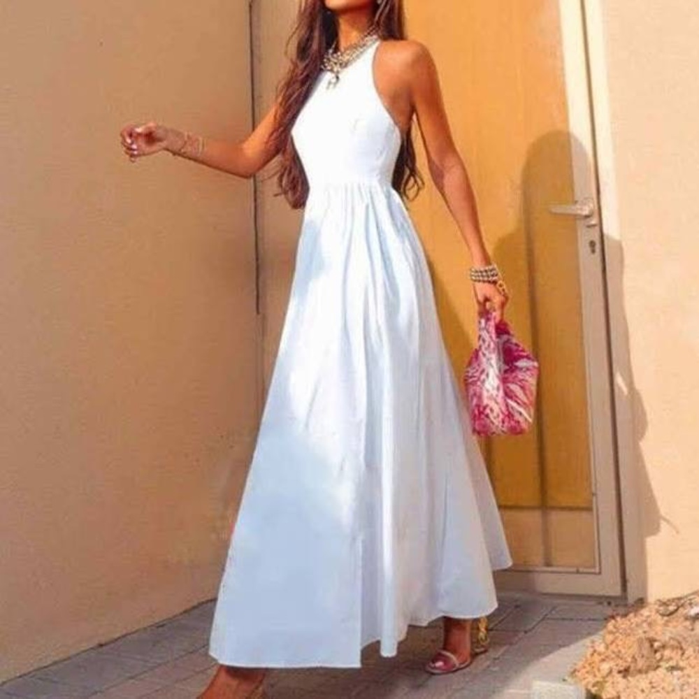 Zara White Poplin Halter Maxi Dress